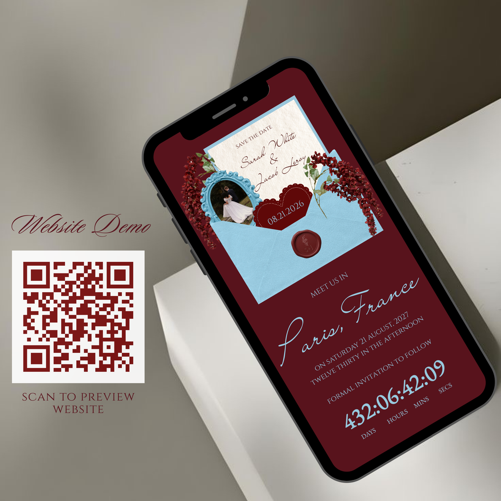 Burgundy and Blue Wedding Save the Date