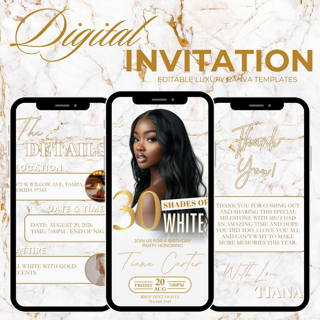 White and Gold Birthday Invite