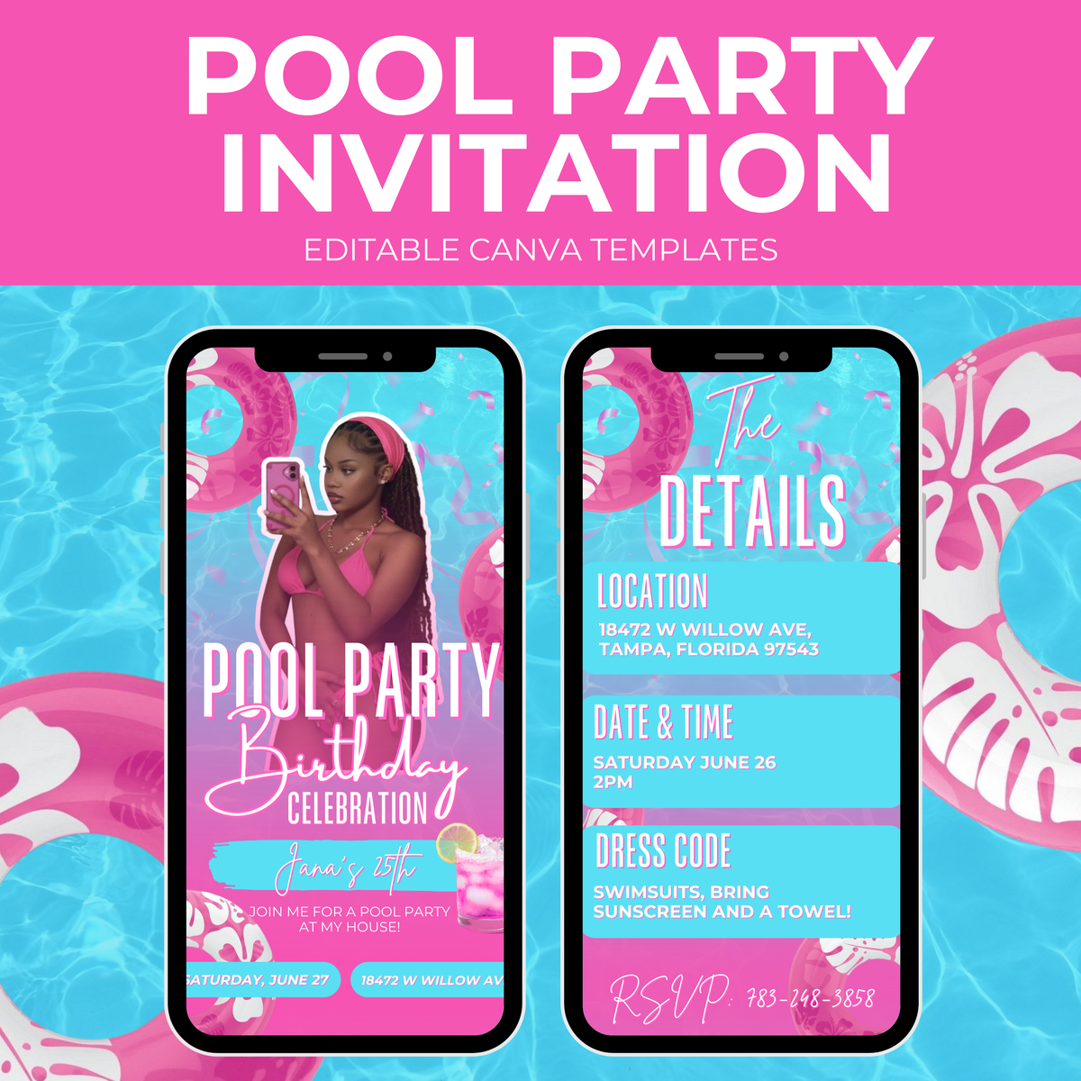 Blue and Pink Pool Party Invite