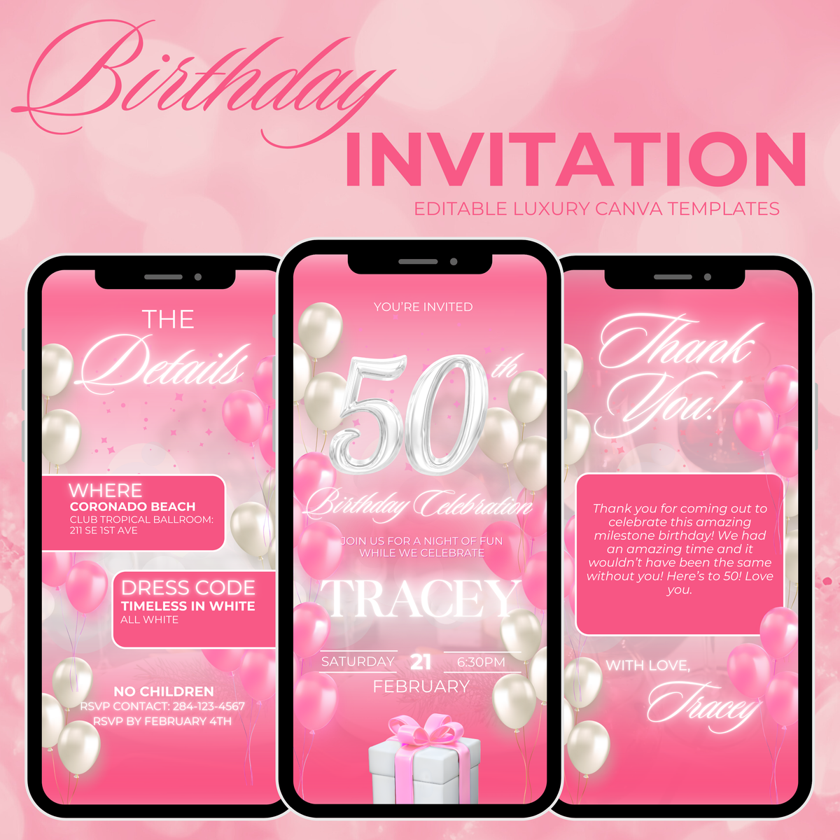 Pink and White Birthday Invite (50 Years Old)