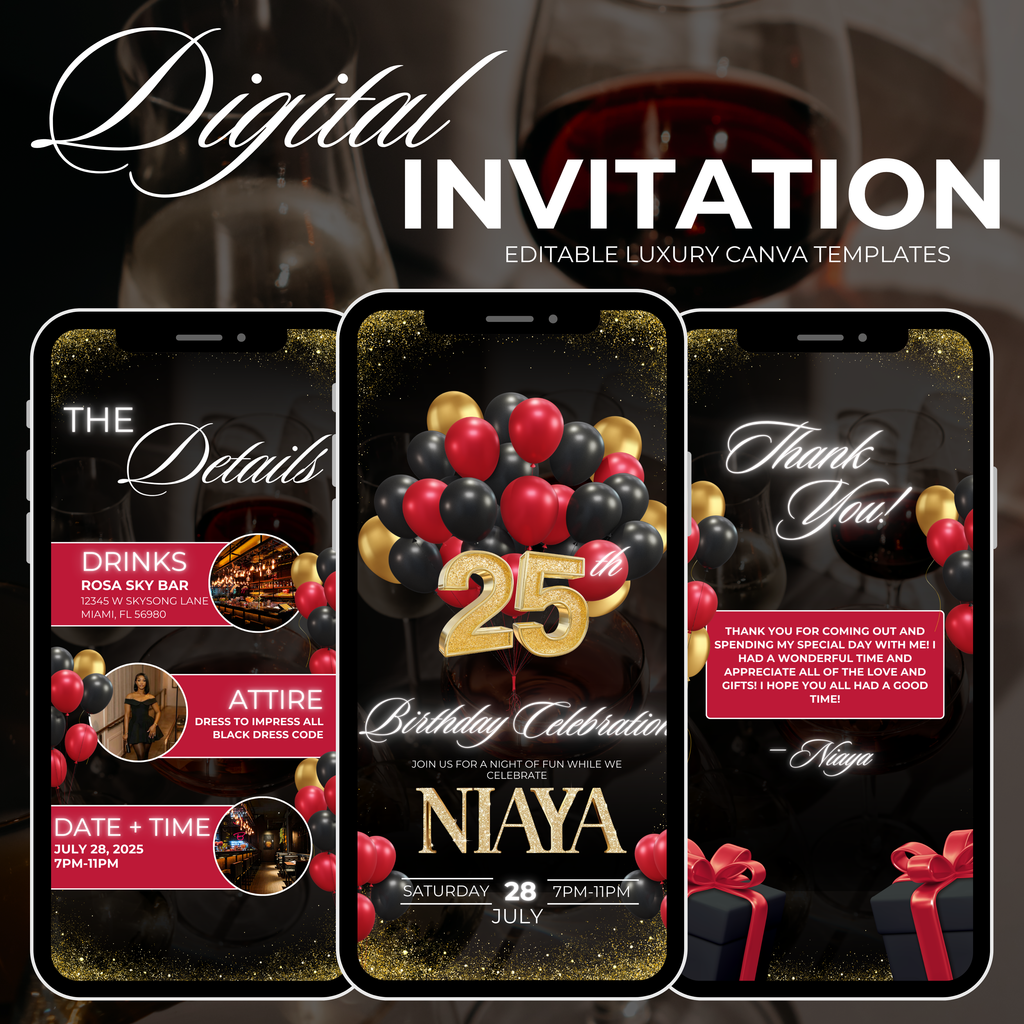 Red, Black and Gold Birthday Invite
