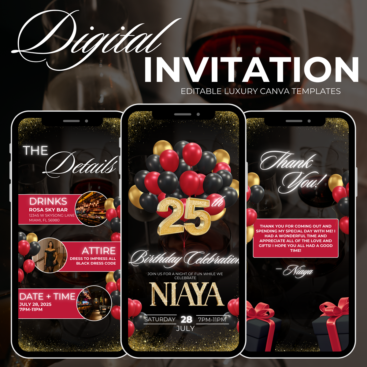 Red, Black and Gold Birthday Invite