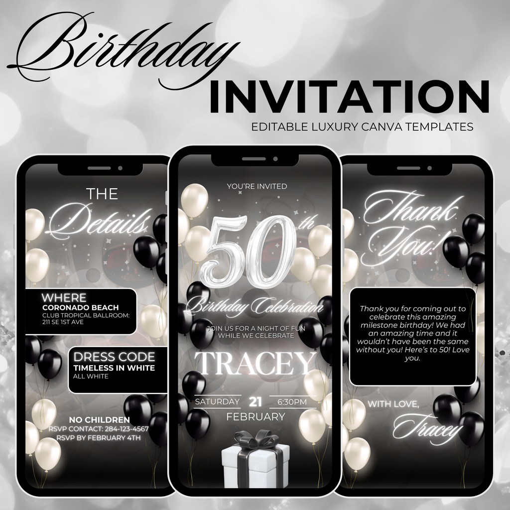 Black and White Birthday Invite (50 Years Old)