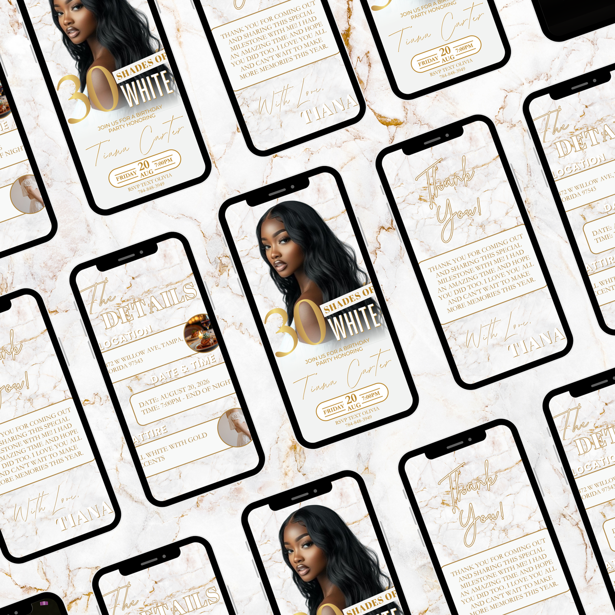White and Gold Birthday Invite