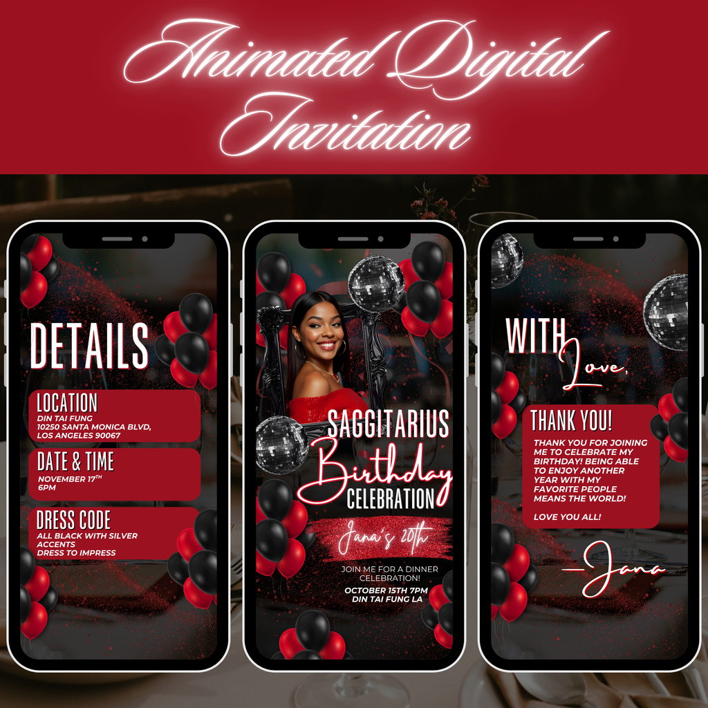 Black and Red Sagittarius Birthday Invite