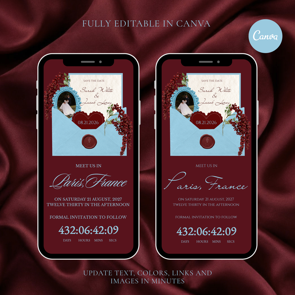 Burgundy and Blue Wedding Save the Date