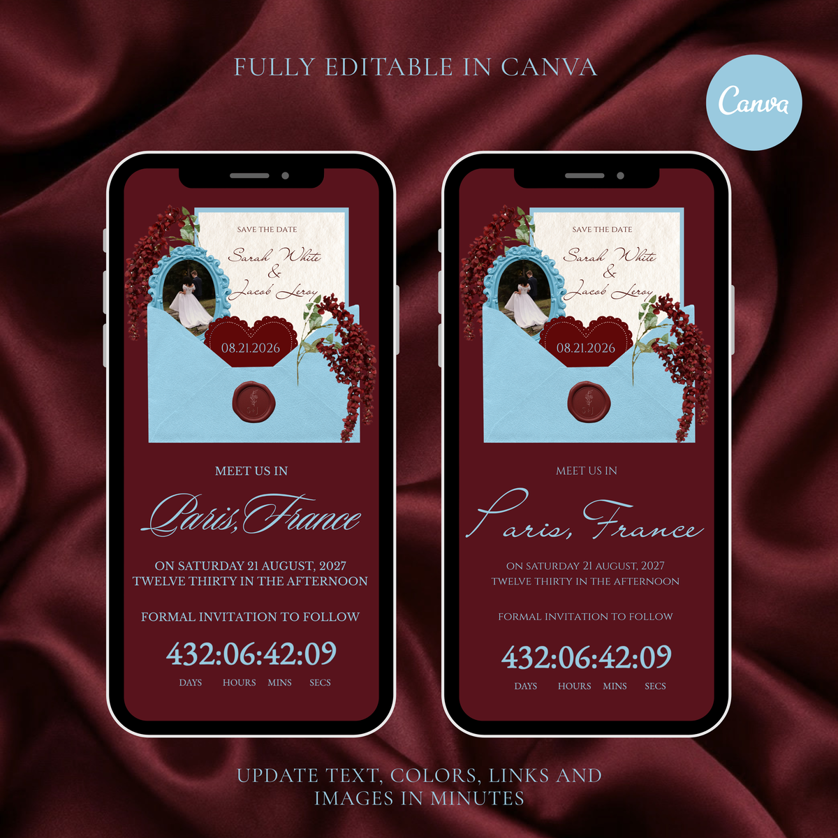 Burgundy and Blue Wedding Save the Date
