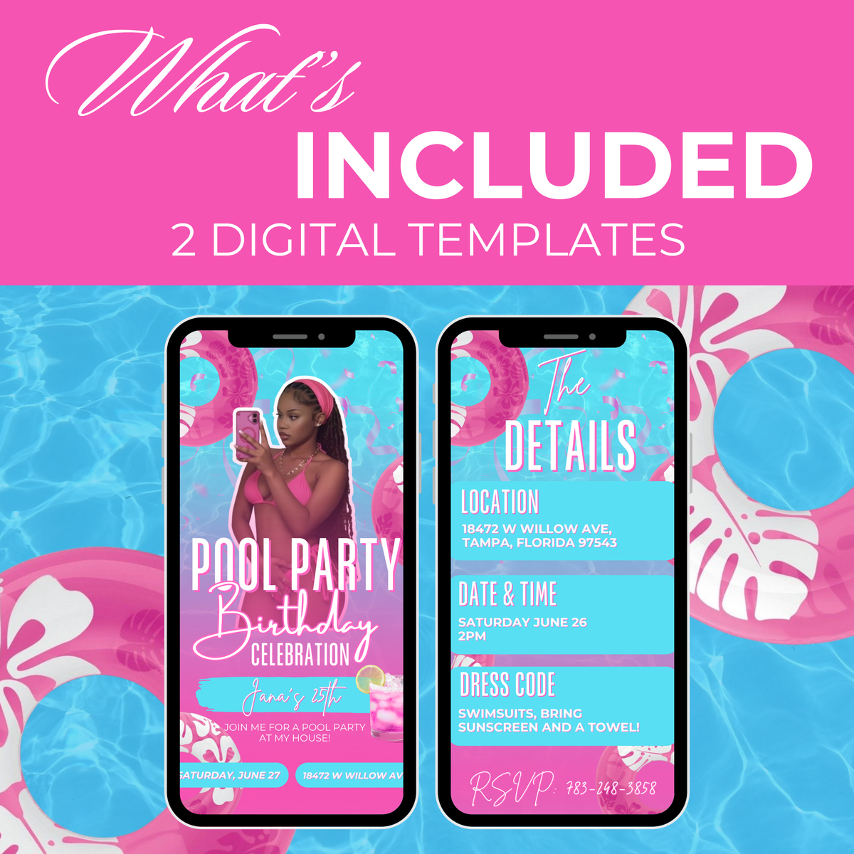 Blue and Pink Pool Party Invite