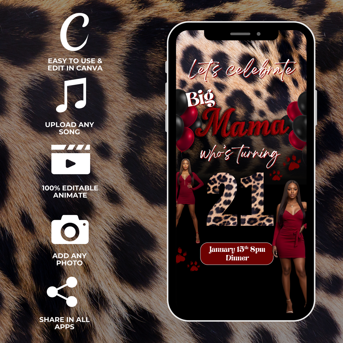 Big Mama Red and Cheetah Print Birthday Invite