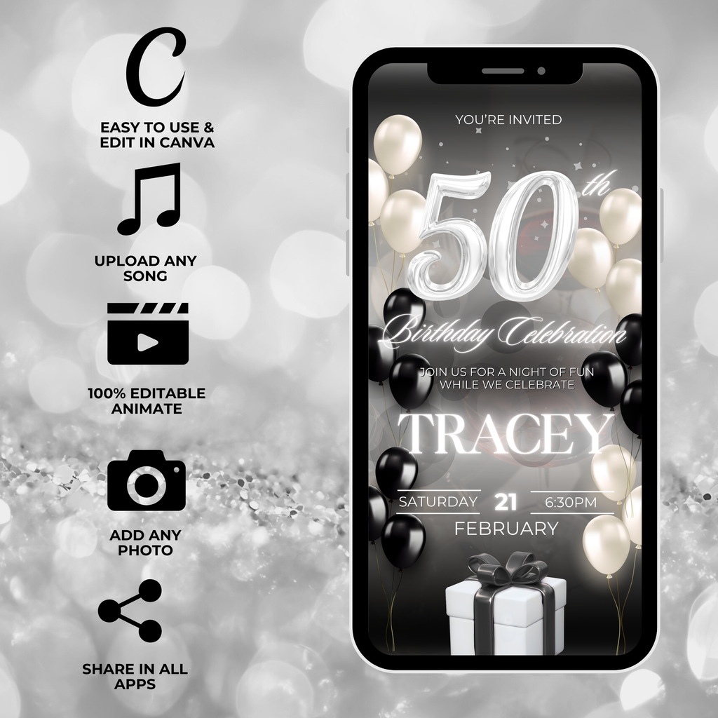 Black and White Birthday Invite (50 Years Old)