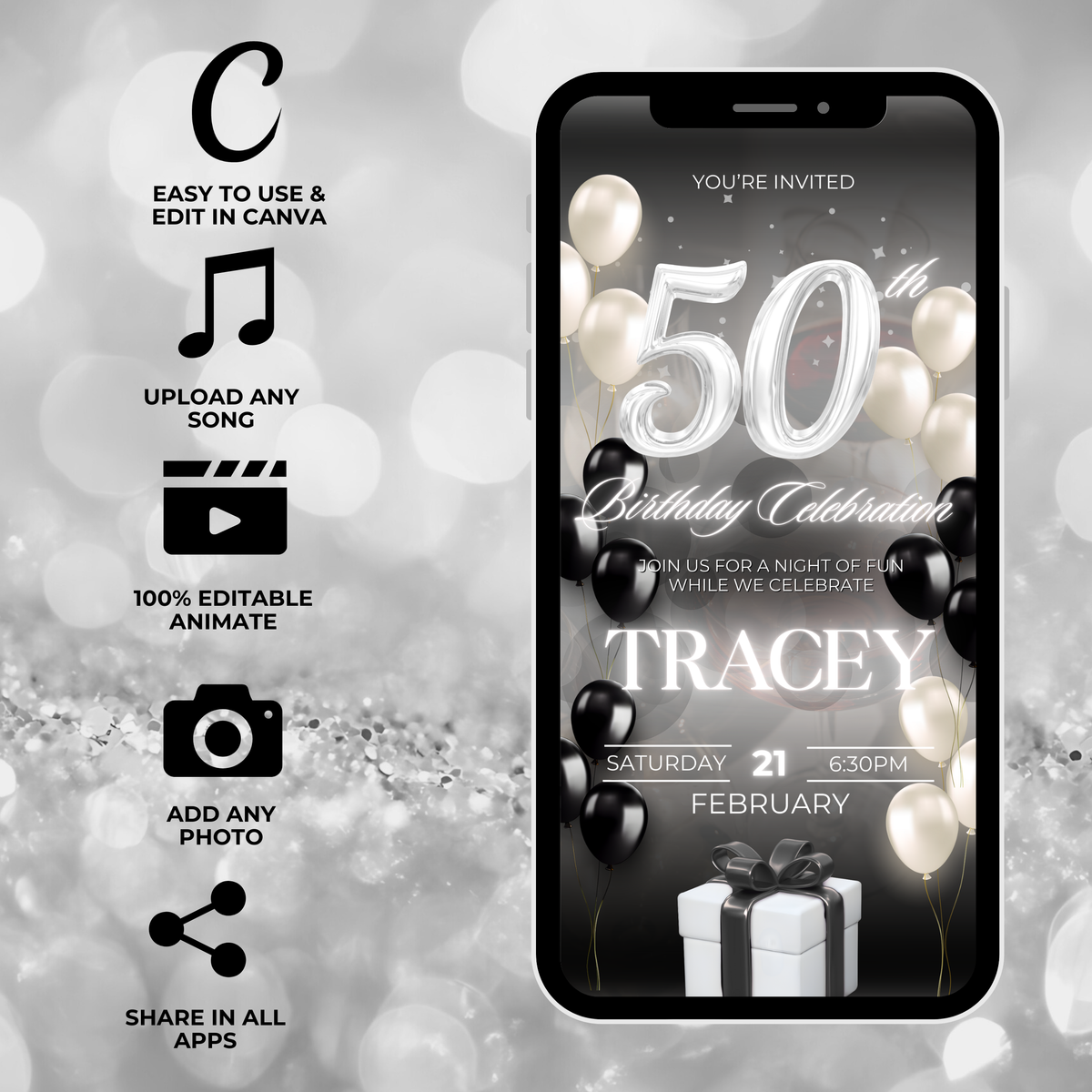 Black and White Birthday Invite (50 Years Old)