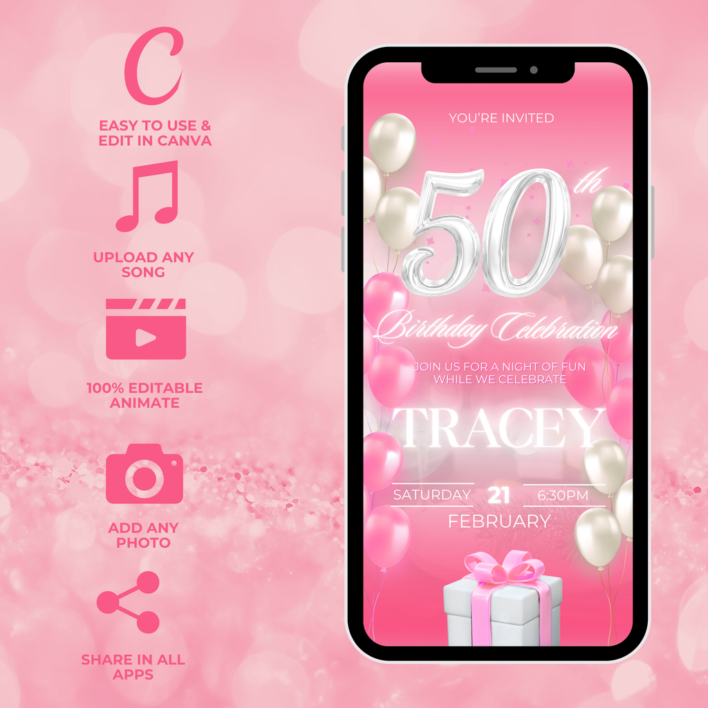 Pink and White Birthday Invite (50 Years Old)