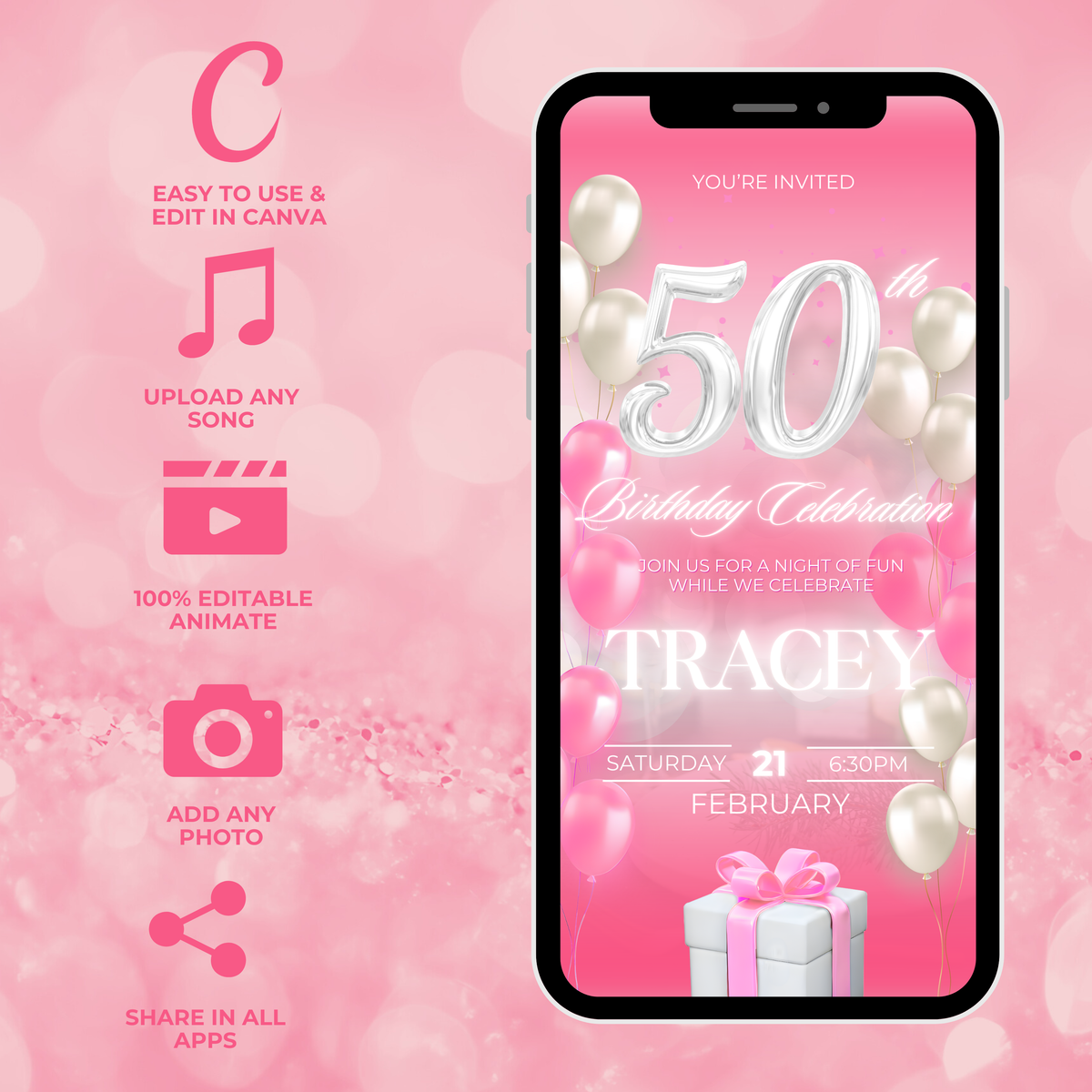 Pink and White Birthday Invite (50 Years Old)