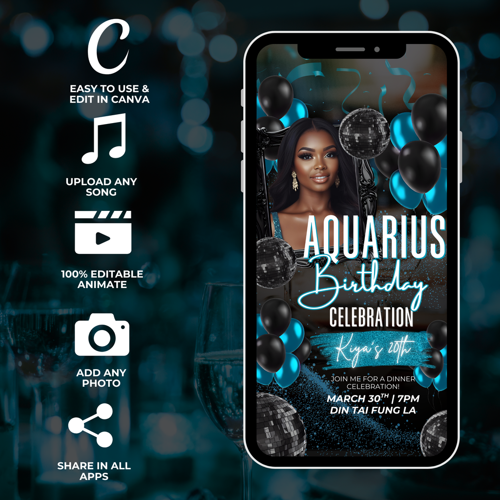 Blue Aquarius Birthday Invite