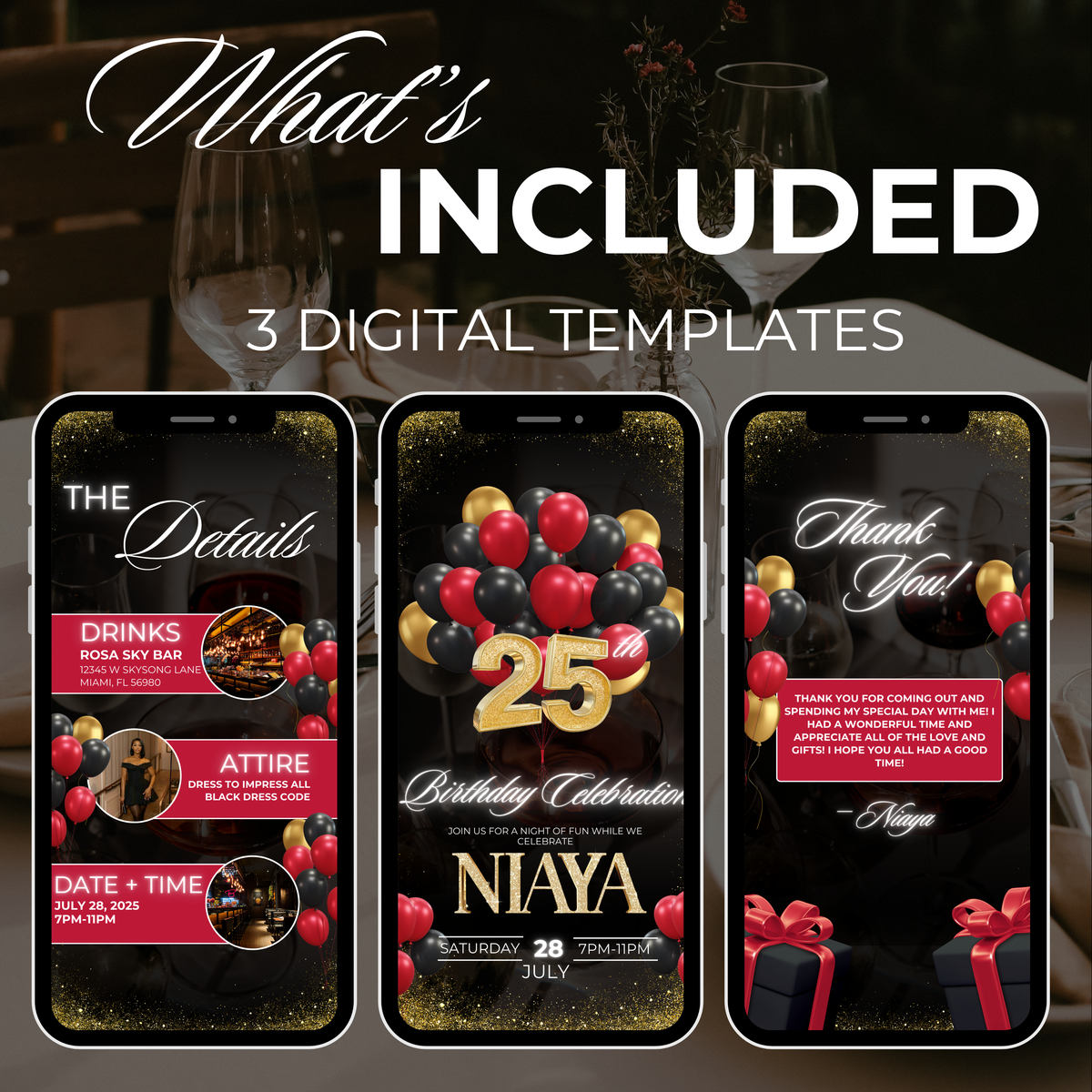 Red, Black and Gold Birthday Invite