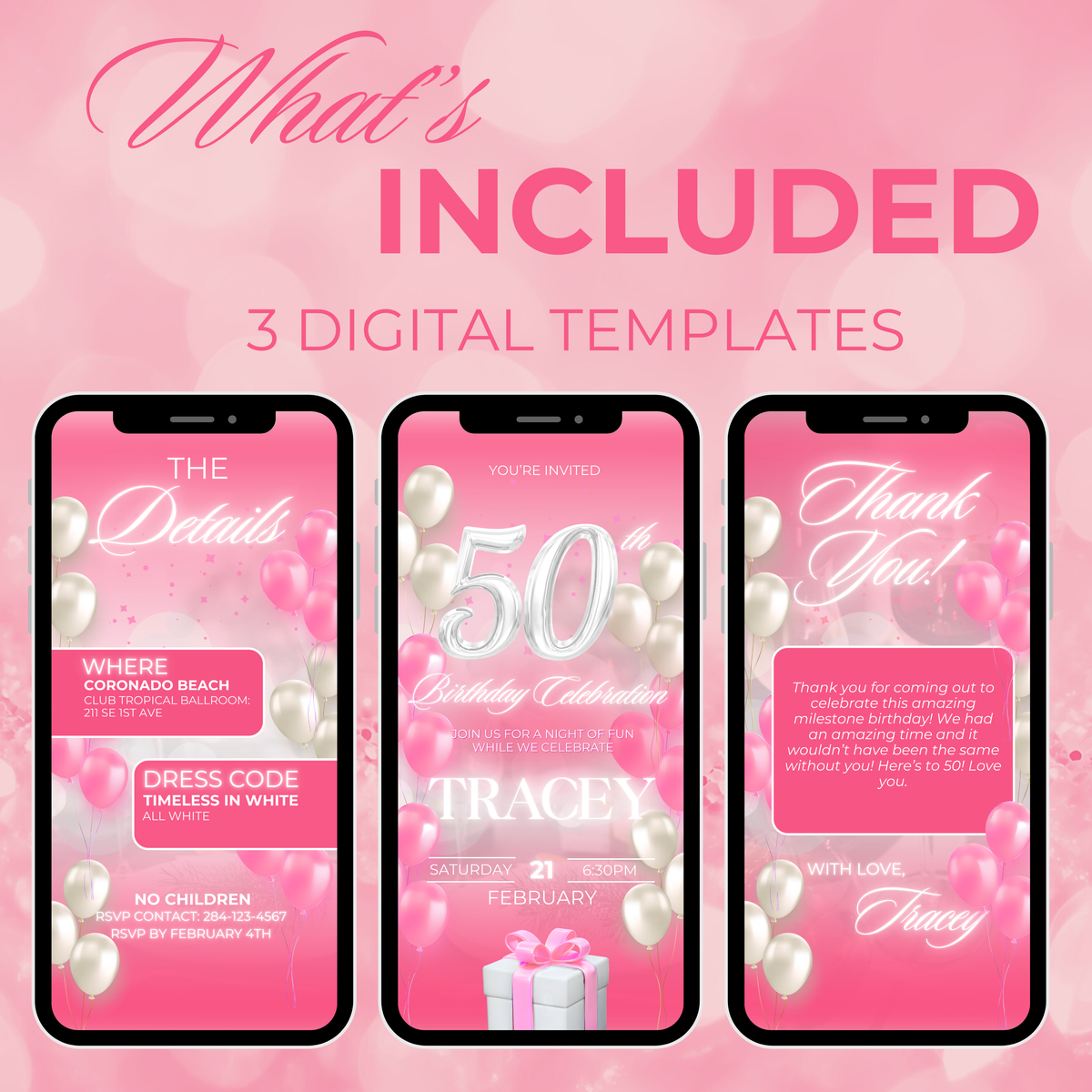 Pink and White Birthday Invite (50 Years Old)
