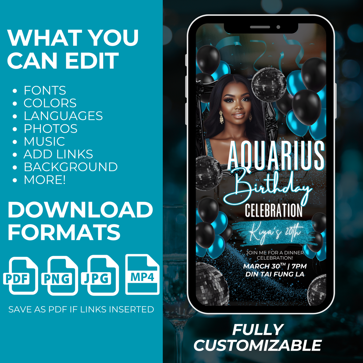 Blue Aquarius Birthday Invite