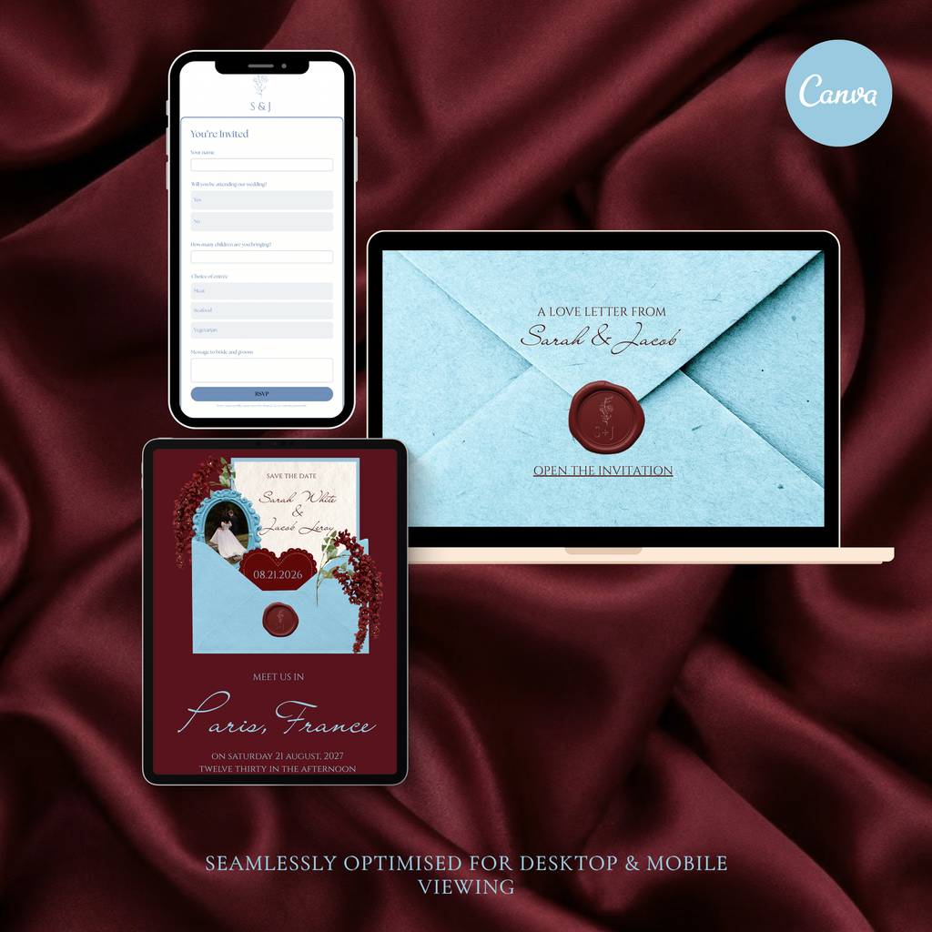 Burgundy and Blue Wedding Save the Date