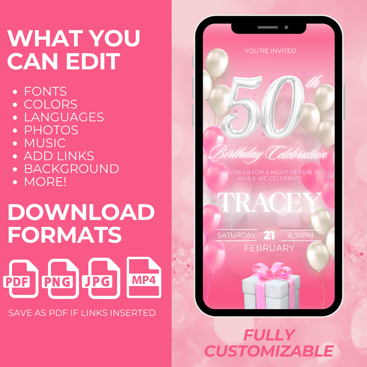 Pink and White Birthday Invite (50 Years Old)