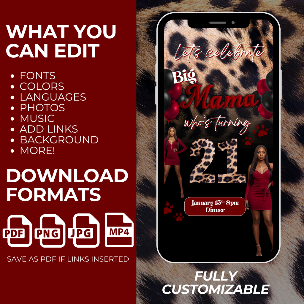 Big Mama Red and Cheetah Print Birthday Invite
