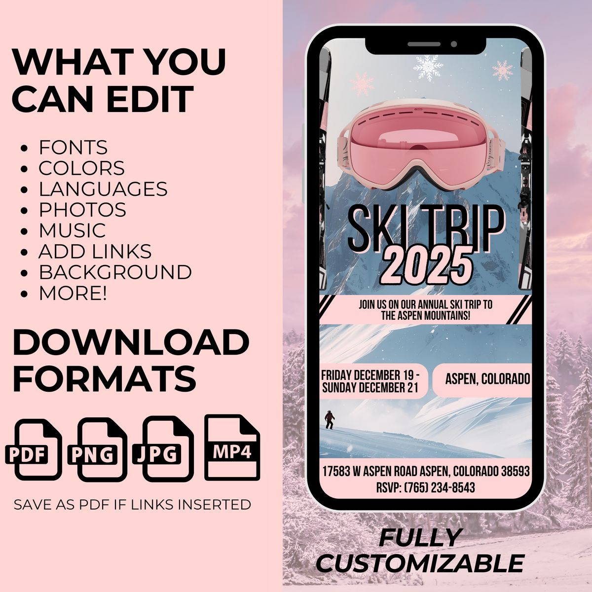 Pink Ski Trip Invite