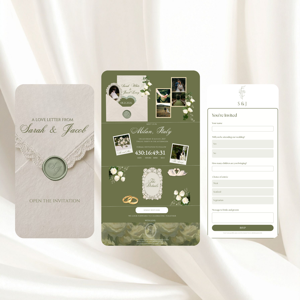 Green and Beige Wedding Save the Date Invite