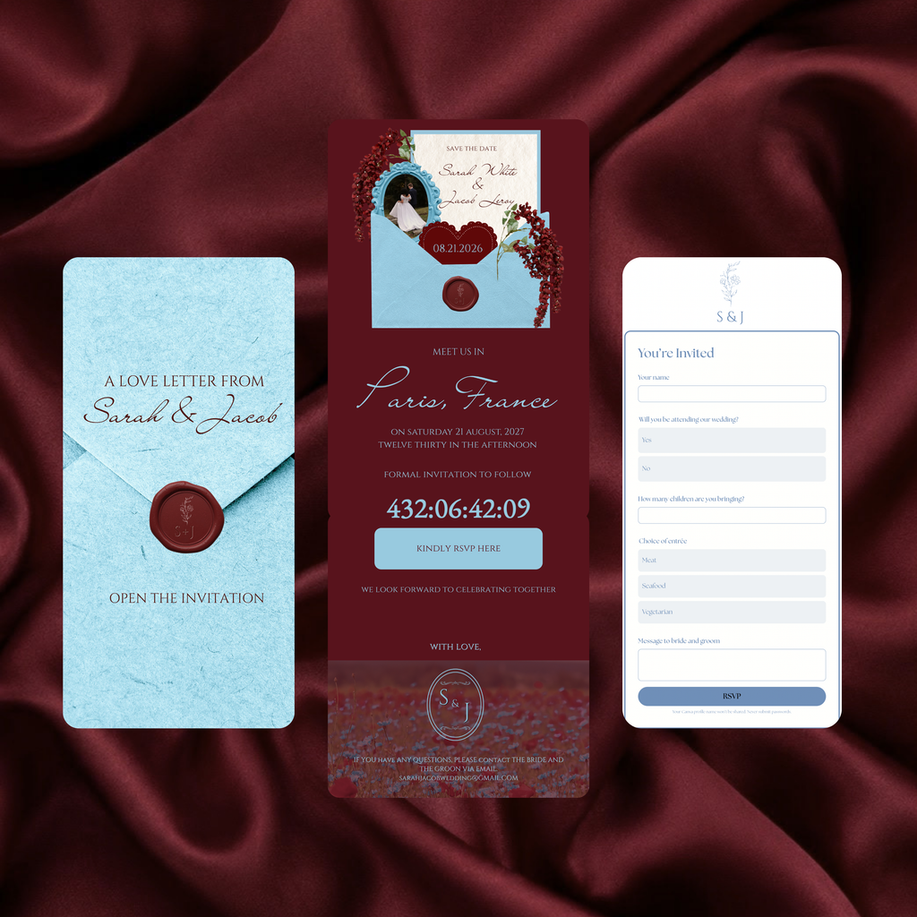 Burgundy and Blue Wedding Save the Date